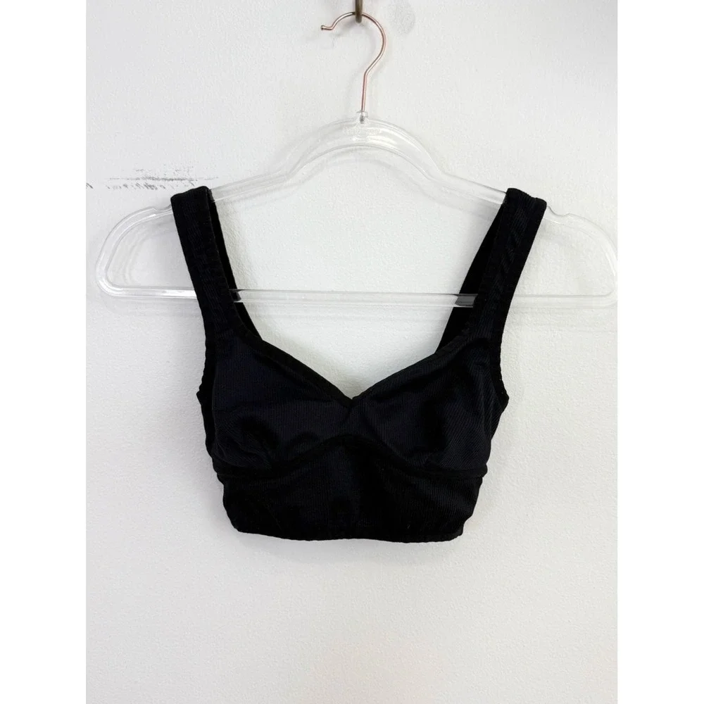 For Love & Lemons Black Ribbed Longline Sports Bra Crop Top Size XS